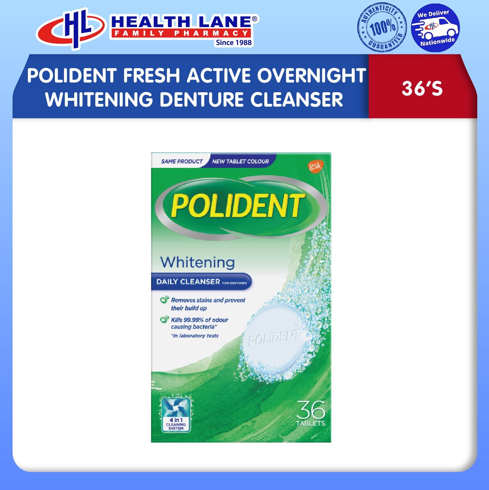 POLIDENT FRESH ACTIVE OVERNIGHT PEMUTIH GIGI PALSU PENCUCI 36'S